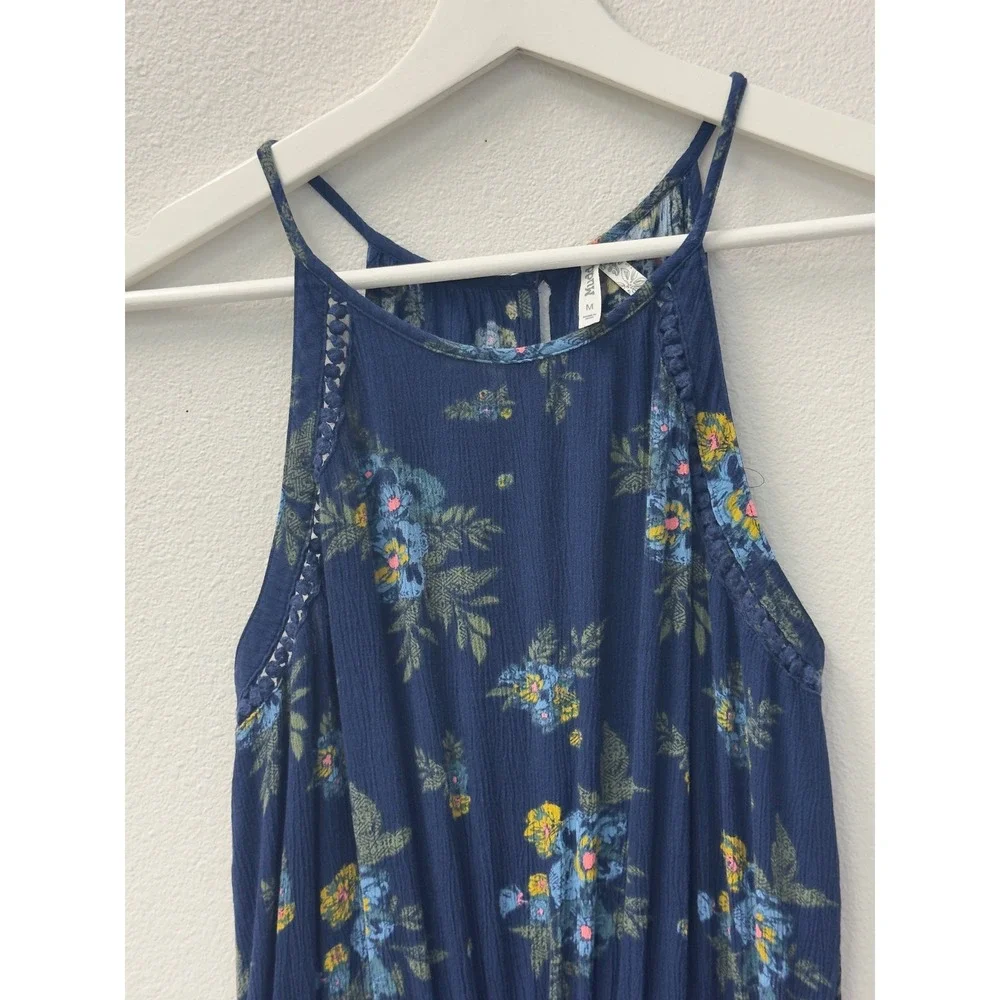 Mudd Floral Jumpsuit‎ Womens Medium Navy Blue Wide Leg Halter Boho Hippie